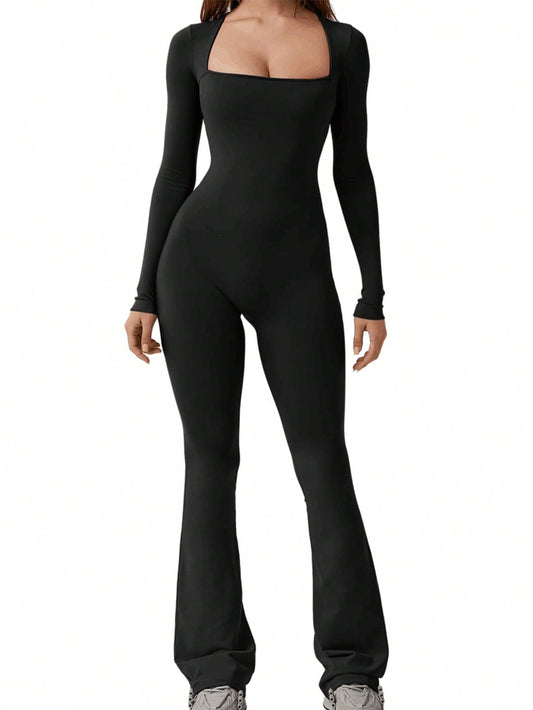 INAWLY Women'S Square Neck Long Sleeve Flare Jumpsuit