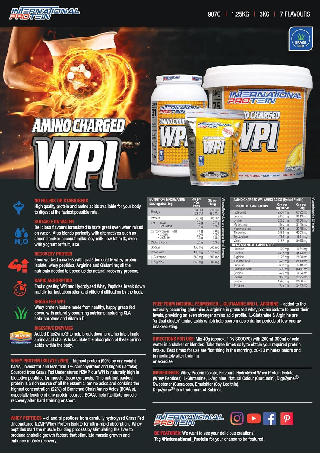 Amino Charged Choc Raspberry Flavour Whey Protein Isolate Powder 907 G