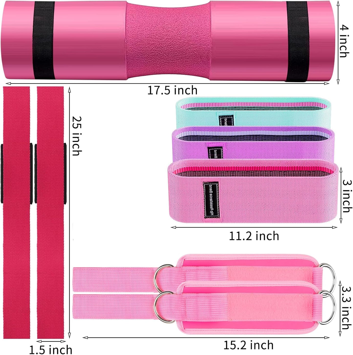 Barbell Pad Set, 9Pcs Barbell Squat Pad for Women Hip Thrusts, Lunges, Leg Day with 2 Gym Ankle Straps, 3 Hip Resistance Bands, 2 Lifting Strap, Carry Bag Barbell Pad
