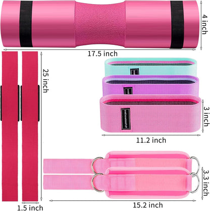 Barbell Pad Set, 9Pcs Barbell Squat Pad for Women Hip Thrusts, Lunges, Leg Day with 2 Gym Ankle Straps, 3 Hip Resistance Bands, 2 Lifting Strap, Carry Bag Barbell Pad
